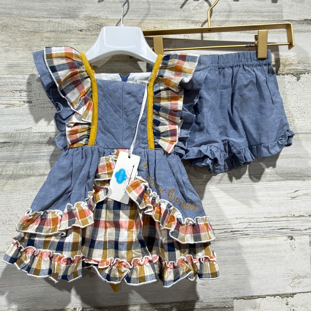 Evie's Closet Dance In The Rain Dress Set Girls 18M Blue Plaid Cotton NWT